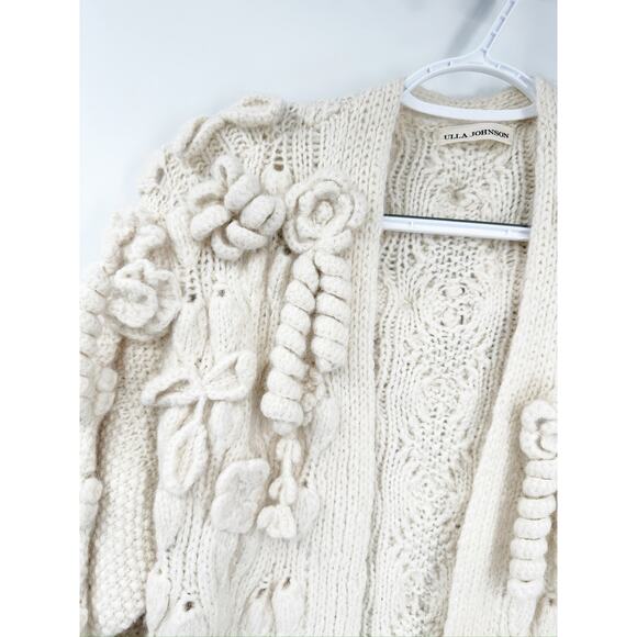 Ulla Johnson Cream 3D Floral Alpaca Cable Knit Embellished Cardigan Sweater - Picture 3 of 8